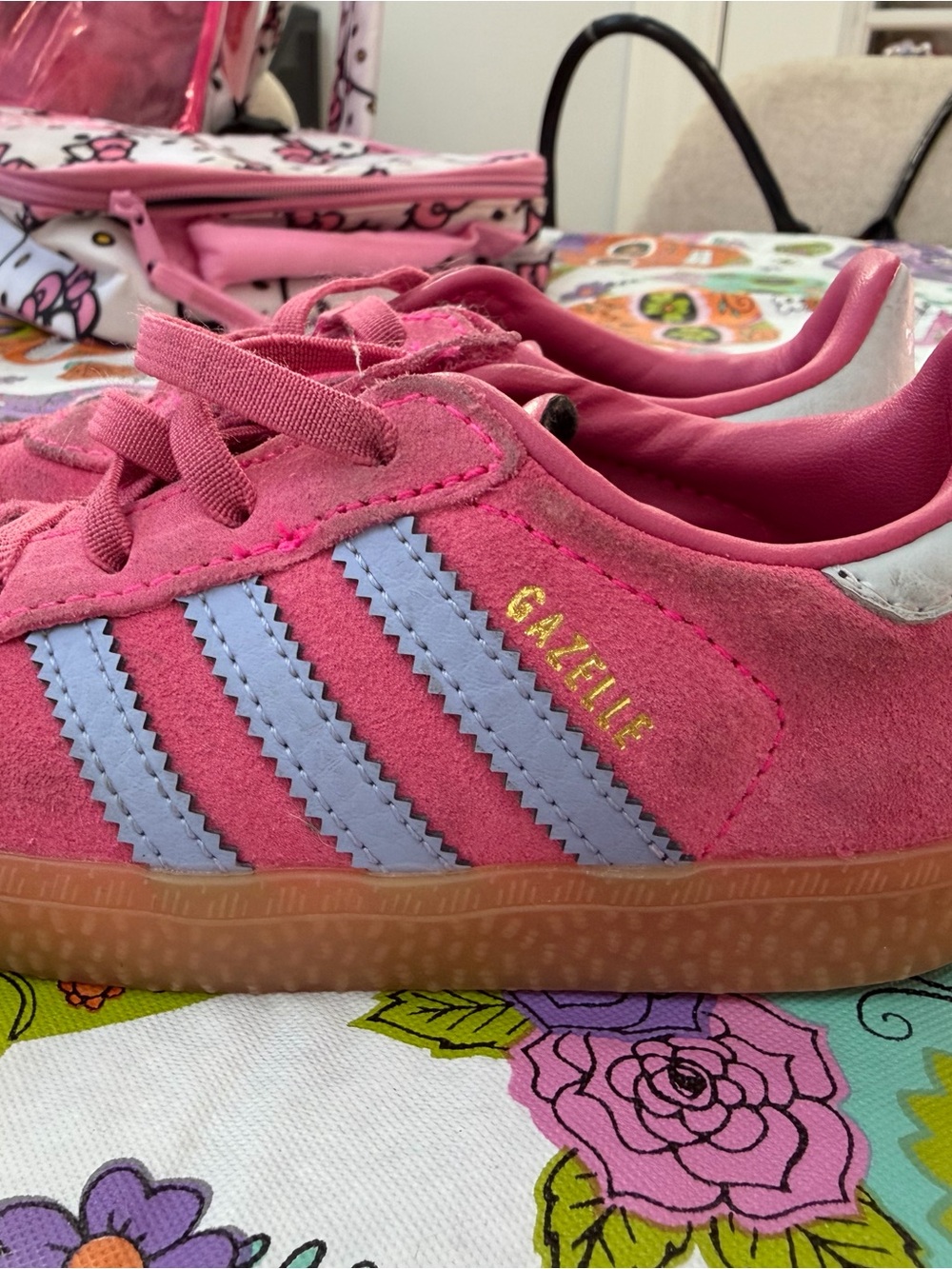 adidas Kids Gazelle Suede Sneakers - Pink with Light Blue Stripes